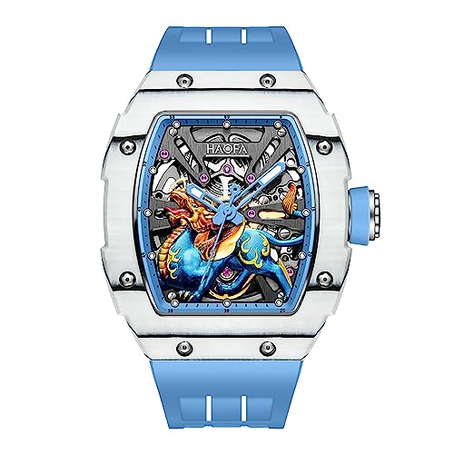 aofa Automatische mechanische Uhr für Männer 3D geschnitzt verheißungsvolle Biest Zifferblatt Sapphire wasserdichte leuchtende Uhr Luxus Skelett Herren Uhr 80H Power Reserve 1972 Blau Weiss von Haofa