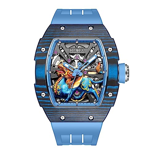 aofa Automatische mechanische Uhr für Männer 3D geschnitzt verheißungsvolle Biest Zifferblatt Sapphire wasserdichte leuchtende Uhr Luxus Skelett Herren Uhr 80H Power Reserve 1972 Blau von Haofa