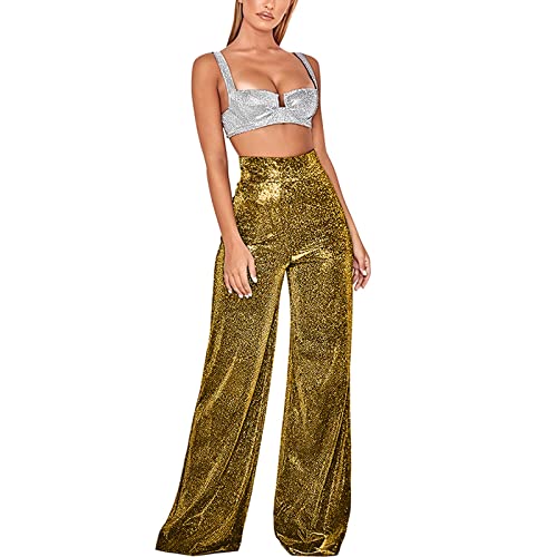 Glitzer Hose Damen Schwarz Pailettenhose Weite Hose mit Pailletten High Waist Hose Glitzerhosen Elegant Mesh Freizeithose Frauen Party Festival Club Kostüm Glitzer Hose Silber Gold Weiße Blau von Haohon