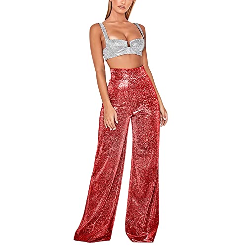 Glitzer Hose Damen Schwarz Pailettenhose Weite Hose mit Pailletten High Waist Hose Glitzerhosen Elegant Mesh Freizeithose Frauen Party Festival Club Kostüm Glitzer Hose Silber Gold Weiße Blau von Haohon