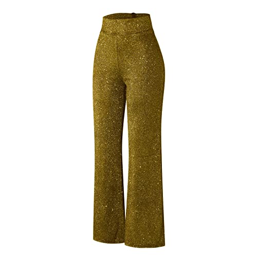 Haohon Damen Gold Glitzer Hose Hohe Taille Flache Vorderseite Pailletten-Mesh-Einsatz Standardgröße 42 (EU) Party Festival Club Kostüm Glitzer Hose Silber Gold Weiße Blau von Haohon