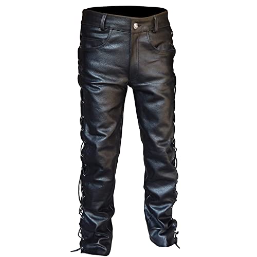 Herren PU Leder Biker Hose Rock Steampunk Cargohose Motorradhose Bikerhose Vintage Slim Fit Lederhose Lederjeans Elastisch Lederhosen für Winter Winddicht und Wasserdicht Schwarz von Haohon