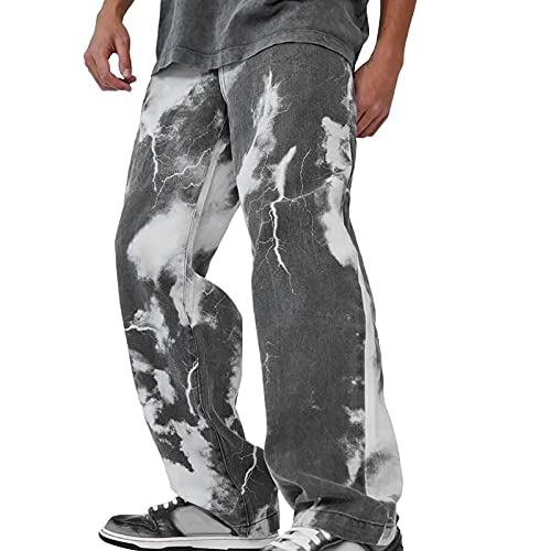 Jeans Herren Baggy Y2k Jeans Herren Baggy Hip Hop Stretch Fit Print Jeanshose Hosen Denim Hose Schwarz Vintage 90er Breite Jeans Männer Freizeithose Cargohose Streetwear von Haohon