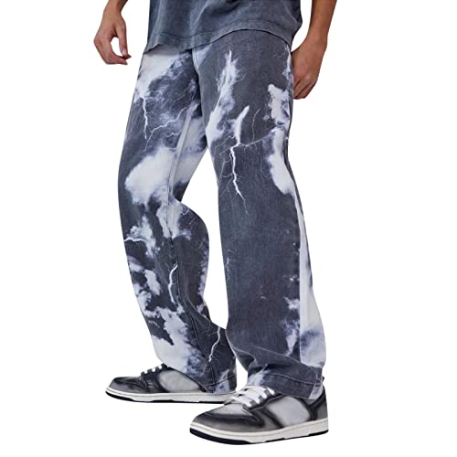 Jeans Herren Baggy Y2k Jeans Herren Baggy Hip Hop Stretch Fit Print Jeanshose Hosen Denim Hose Schwarz Vintage 90er Breite Jeans Männer Freizeithose Cargohose Streetwear von Haohon