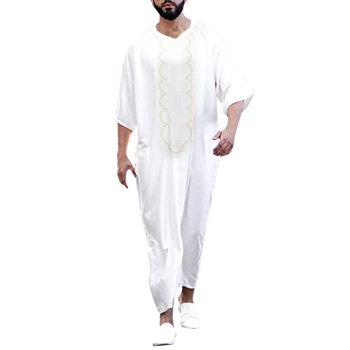 Haohon Kaftan Herren Baumwolle Leinen Sommer Cool Jilbab Muslim Robe Gebetskleidung für Männer Islamische Kleidung Thobe Marokkanische Afghanische Arabische Tunika Abaya Dubai Männer, E-weiß von Haohon