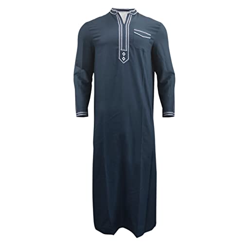 Haohon Kaftan Herren Baumwolle Leinen Sommer Cool Jilbab Muslim Robe Gebetskleidung für Männer Islamische Kleidung Thobe Marokkanische Afghanische Arabische Tunika Abaya Dubai Männer, I-navy von Haohon