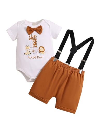 Haokaini Baby Jungen 1. Geburtstag Cake Smash Outfits Gentleman Langarm Brief Fliege Strampler Hosenträger Hosen 3-teiliges Kleidungsset von Haokaini