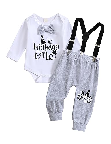 Haokaini Baby Jungen 1. Geburtstag Cake Smash Outfits Gentleman Langarm Brief Fliege Strampler Hosenträger Hosen 3-teiliges Kleidungsset von Haokaini