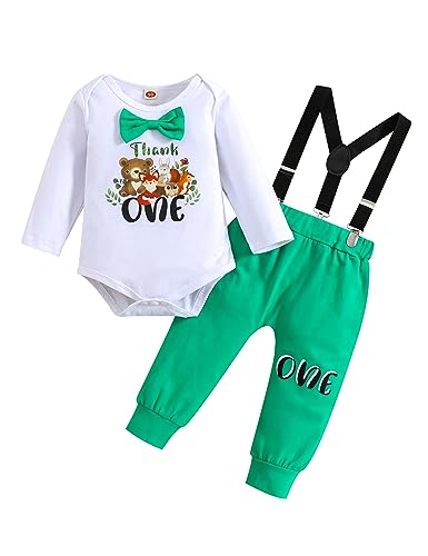 Haokaini Baby Jungen 1. Geburtstag Cake Smash Outfits Gentleman Langarm Brief Fliege Strampler Hosenträger Hosen 3-teiliges Kleidungsset von Haokaini