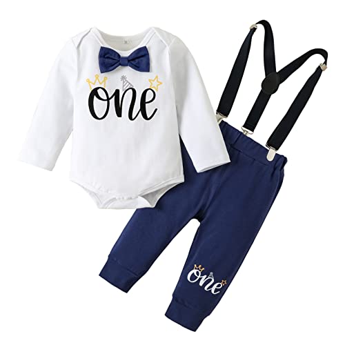 Haokaini Baby Jungen 1. Geburtstag Cake Smash Outfits Gentleman Langarm Brief Fliege Strampler Hosenträger Hosen 3-teiliges Kleidungsset von Haokaini