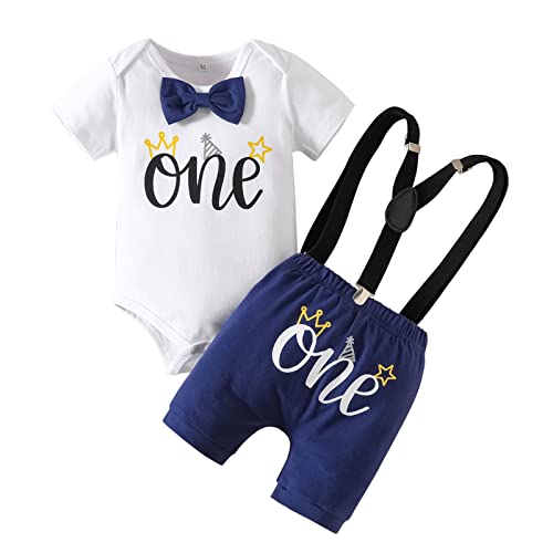 Haokaini Baby Jungen 1. Geburtstag Cake Smash Outfits Gentleman Langarm Brief Fliege Strampler Hosenträger Hosen 3-teiliges Kleidungsset von Haokaini