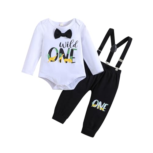 Haokaini Baby Jungen 1. Geburtstag Cake Smash Outfits Gentleman Langarm Brief Fliege Strampler Hosenträger Hosen 3-teiliges Kleidungsset von Haokaini