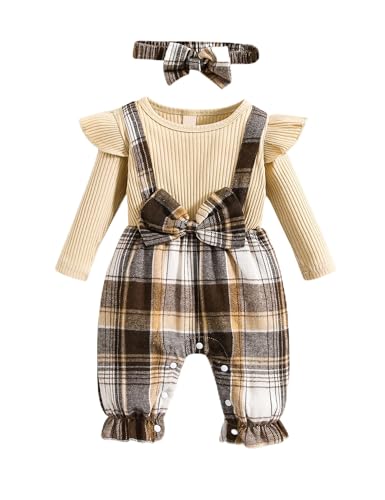 Haokaini Baby Mädchen Kleidung Neugeborene Einteilige Strampler Lange Rüschen Ärmel Plaid Spleißen Bowknot Jumpsuit mit Stirnband Bodysuit Outfit von Haokaini