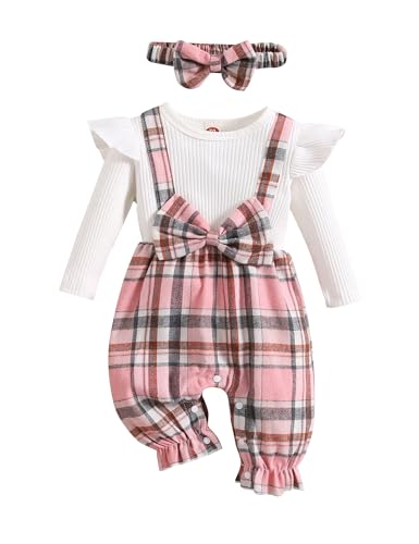 Haokaini Baby Mädchen Kleidung Neugeborene Einteilige Strampler Lange Rüschen Ärmel Plaid Spleißen Bowknot Jumpsuit mit Stirnband Bodysuit Outfit von Haokaini