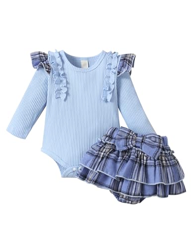 Haokaini Baby Mädchen Kleidung Rock Set Rüschen Langarm gerippt Strampler Top Plaid Rock Kuchen Kleid 2Pcs Mode Set von Haokaini