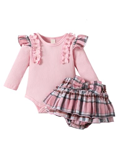 Haokaini Baby Mädchen Kleidung Rock Set Rüschen Langarm gerippt Strampler Top Plaid Rock Kuchen Kleid 2Pcs Mode Set von Haokaini