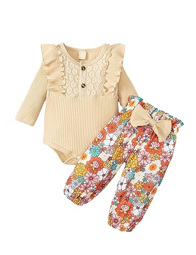 Haokaini Neugeborenes Baby Mädchen Kleidung Rüschen Langarm Spitze Strampler Top Bodysuit Blumenhose mit Stirnband 3Pcs Outfits für 0-18M von Haokaini