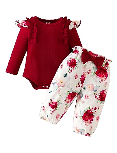 Haokaini Neugeborenes Baby Mädchen Kleidung Rüschen Langarm Spitze Strampler Top Bodysuit Blumenhose mit Stirnband 3Pcs Outfits für 0-18M von Haokaini