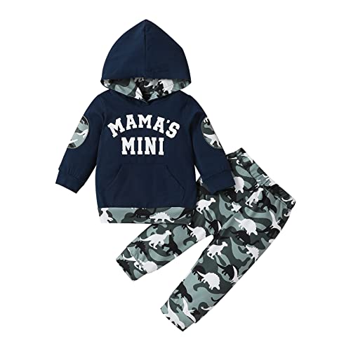 Haokaini Kleinkind Baby Jungen Kleidung Langarm Trainingsanzug Buchstaben Printed Tops Kapuzenpullover Dinosaurier Hose Outfits, dunkelblau, 6-12 Monate von Haokaini