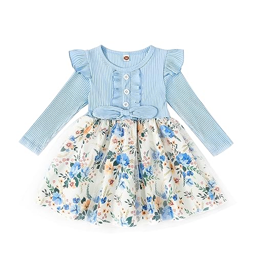 Haokaini Kleinkind Baby Mädchen Blumenkleid Lange Rüschen Ärmel Baumwolle Gerippte Schleife Spleißkleid Prinzessin Tutu Rock Herbst Kleidung Set von Haokaini