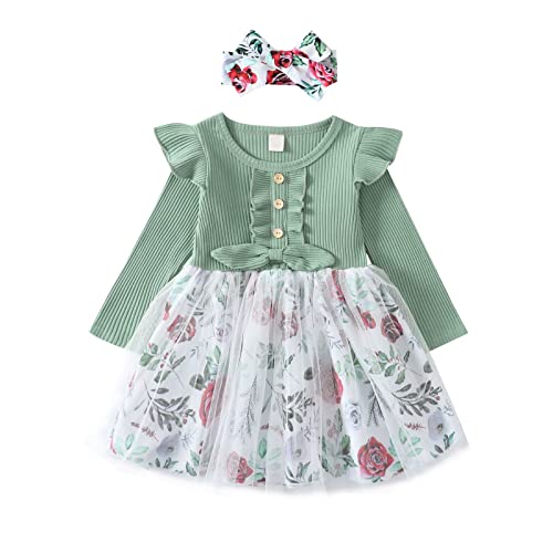 Haokaini Kleinkind Baby Mädchen Blumenkleid Lange Rüschen Ärmel Baumwolle Gerippte Schleife Spleißkleid Prinzessin Tutu Rock Herbst Kleidung Set von Haokaini