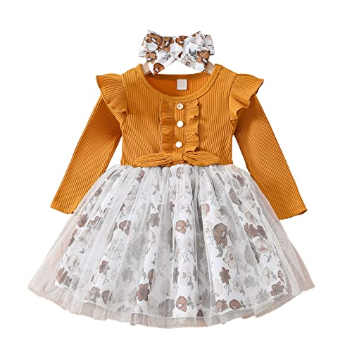 Haokaini Kleinkind Baby Mädchen Blumenkleid Lange Rüschen Ärmel Baumwolle Gerippte Schleife Spleißkleid Prinzessin Tutu Rock Herbst Kleidung Set von Haokaini