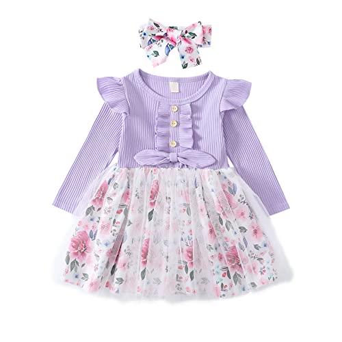 Haokaini Kleinkind Baby Mädchen Blumenkleid Lange Rüschen Ärmel Baumwolle Gerippte Schleife Spleißkleid Prinzessin Tutu Rock Herbst Kleidung Set von Haokaini