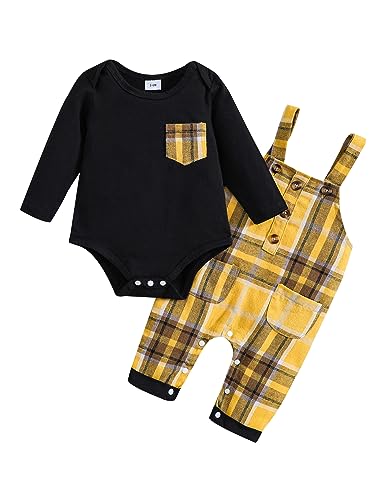 Haokaini Neugeborenes Baby Junge Kleidung Set Langarm Gentleman Anzug Solide Farbe Strampler Bodysuit Plaid Overalls Strumpfhosen Outfits 0-18M von Haokaini