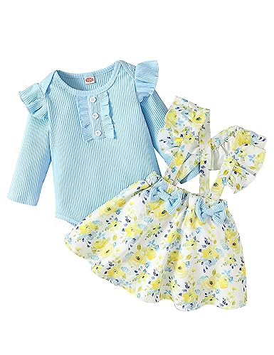 Haokaini Neugeborenes Baby Mädchen Floral Hosenträger Rock Outfits Ruffle Langarm Spitze Strampler Top mit Stirnband Overall Kleid Kleidung Set von Haokaini