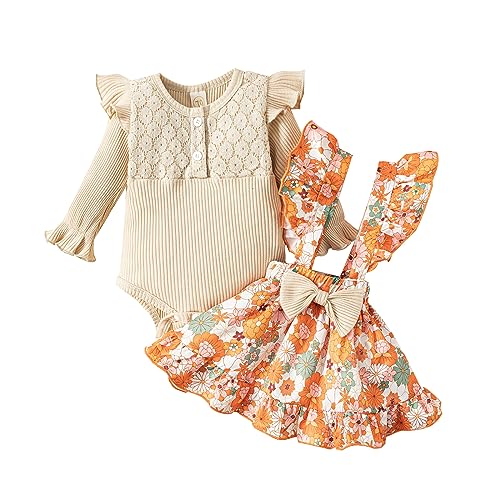 Haokaini Neugeborenes Baby Mädchen Floral Hosenträger Rock Outfits Ruffle Langarm Spitze Strampler Top mit Stirnband Overall Kleid Kleidung Set von Haokaini