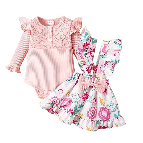 Haokaini Neugeborenes Baby Mädchen Floral Hosenträger Rock Outfits Ruffle Langarm Spitze Strampler Top mit Stirnband Overall Kleid Kleidung Set von Haokaini