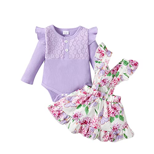 Haokaini Neugeborenes Baby Mädchen Floral Hosenträger Rock Outfits Ruffle Langarm Spitze Strampler Top mit Stirnband Overall Kleid Kleidung Set von Haokaini