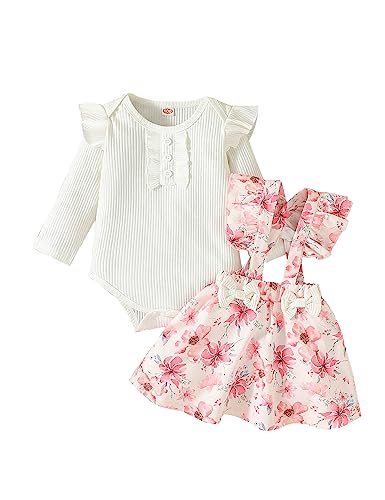 Haokaini Neugeborenes Baby Mädchen Floral Hosenträger Rock Outfits Ruffle Langarm Spitze Strampler Top mit Stirnband Overall Kleid Kleidung Set von Haokaini