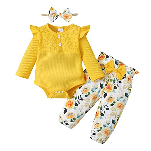 Haokaini Neugeborenes Baby Mädchen Kleidung Rüschen Langarm Spitze Strampler Top Bodysuit Blumenhose mit Stirnband 3Pcs Outfits für 0-18M von Haokaini