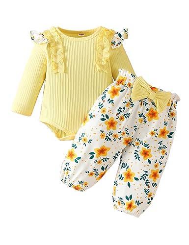 Haokaini Neugeborenes Baby Mädchen Kleidung Rüschen Langarm Spitze Strampler Top Bodysuit Blumenhose mit Stirnband 3Pcs Outfits für 0-18M von Haokaini