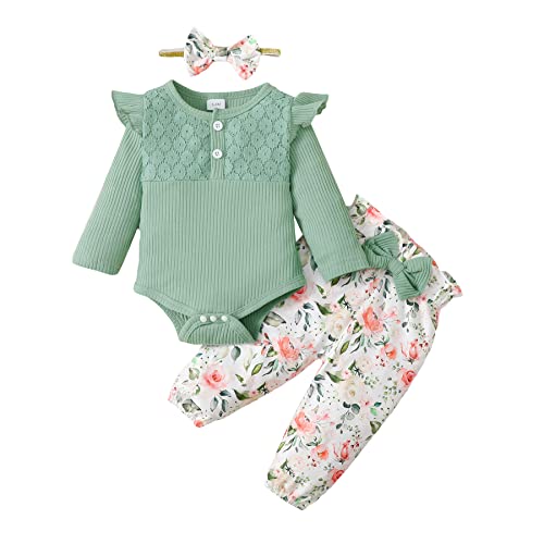 Haokaini Neugeborenes Baby Mädchen Kleidung Rüschen Langarm Spitze Strampler Top Bodysuit Blumenhose mit Stirnband 3Pcs Outfits für 0-18M von Haokaini