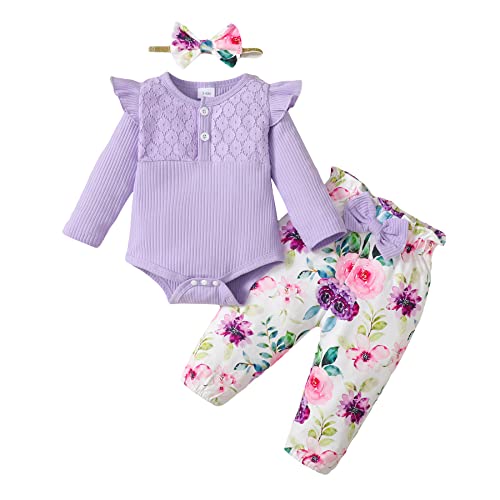 Haokaini Neugeborenes Baby Mädchen Kleidung Rüschen Langarm Spitze Strampler Top Bodysuit Blumenhose mit Stirnband 3Pcs Outfits für 0-18M von Haokaini