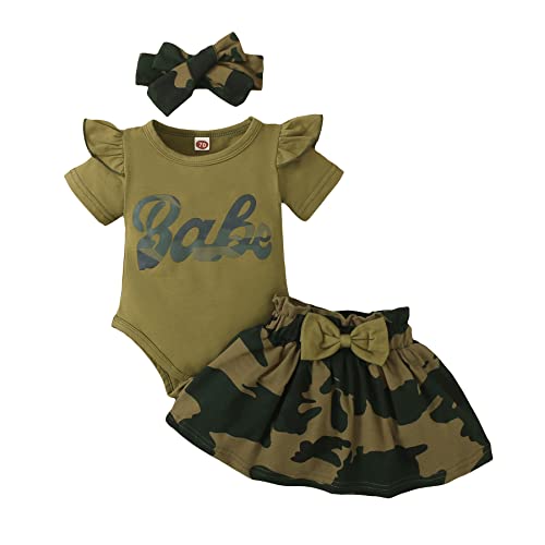 Haokaini Neugeborenes Baby Mädchen Sommerkleidung Set Rüschen Kurzarm Brief Bedruckt Bodysuit Top Leopard Bowknot Tutu Tüll Prinzessin Kleid mit Stirnband 3Pcs Outfits (0-3 Months, Grün) von Haokaini