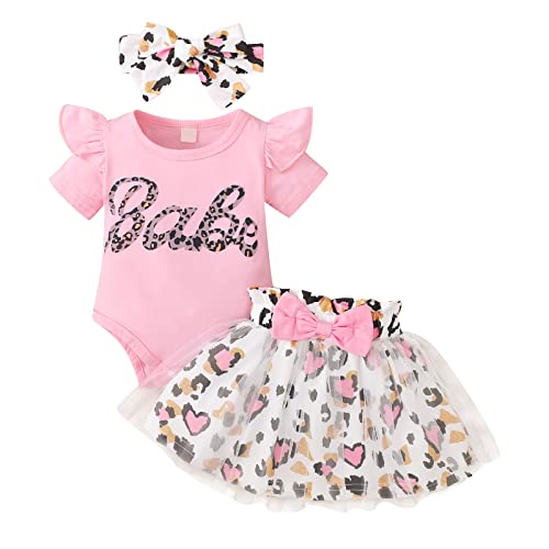 Haokaini Neugeborenes Baby Mädchen Sommerkleidung Set Rüschen Kurzarm Brief Bedruckt Bodysuit Top Leopard Bowknot Tutu Tüll Prinzessin Kleid mit Stirnband 3Pcs Outfits (12-18 Months, Rosa) von Haokaini