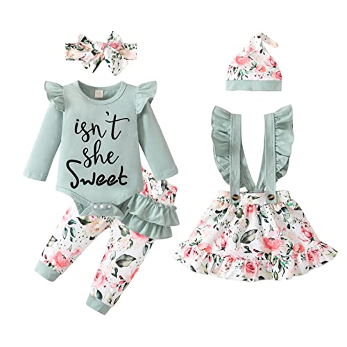 Haokaini Säugling Baby Mädchen Kleidung Langarm Rüschen Floral Strampler Hosen Strapsrock mit Stirnband Hut 5Pcs Herbst Outfits von Haokaini