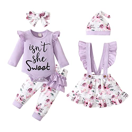 Haokaini Säugling Baby Mädchen Kleidung Langarm Rüschen Floral Strampler Hosen Strapsrock mit Stirnband Hut 5Pcs Herbst Outfits von Haokaini