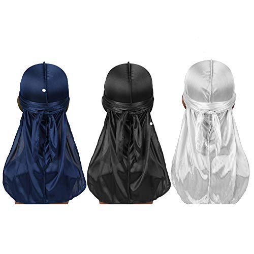 Seidige Durag Unisex Soft Stretch Kopfwickel mit Langen Schwanz Breiten Trägern 360 Samt Wellen Durags Kappe Langen Schwanz Kopftuch Bandana für Frauen Männer Kinder von Haokaini