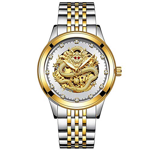 Armbanduhren,3D Dragon Herrenuhr Gold Strassuhr Automatische Mechanische Leuchtuhr, Goldweißes Zifferblatt von Haonb