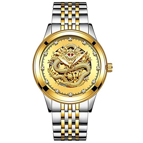 Armbanduhren,3D Dragon Herrenuhr Gold Strassuhr Automatische Mechanische Leuchtuhr, Intermittierendes Goldgesicht von Haonb