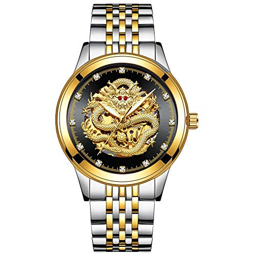 Armbanduhren,3D Dragon Herrenuhr Goldrhinestoneuhr Automatische Mechanische Leuchtuhr, Goldschwarzes Zifferblatt von Haonb