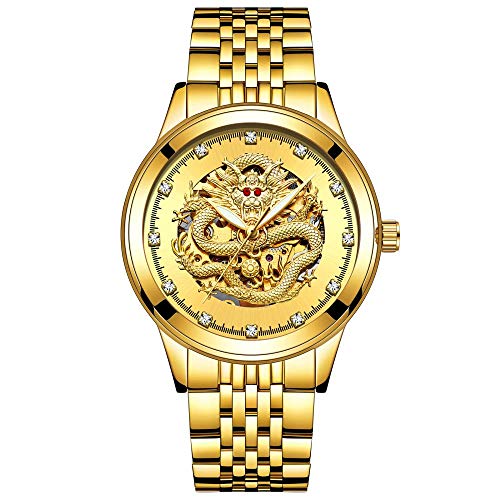 Armbanduhren,3D Dragon Herrenuhr Goldrhinestoneuhr Automatische Mechanische Leuchtuhr, Vollgoldgoldgesicht von Haonb