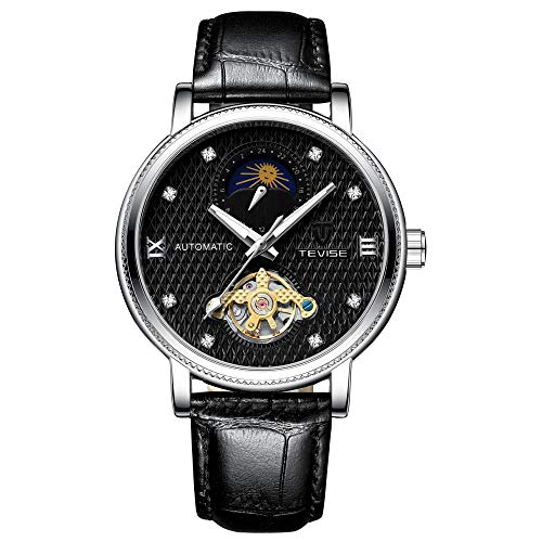 Armbanduhren,Automatische Bewegung Leder Leuchtende Mechanische Herrenuhr, Weiße Schale Schwarzes Gesicht von Haonb