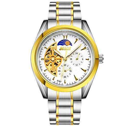 Armbanduhren,Automatischer Mechanischer Uhrstern Aus Stahlband Mit Hohler Tourbillon Durch wasserdichte Sonnenphasenuhr Am Boden Mechanische Weiße Oberfläche Aus Stahlband von Haonb