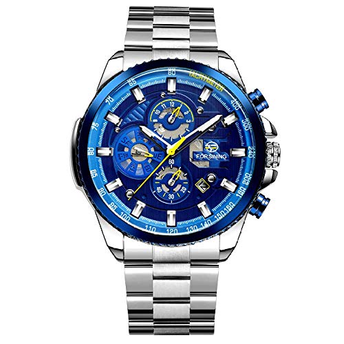 Armbanduhren,Blue Ocean Silver Edelstahl 3 Zifferblatt Kalender Herren Automatik Automatik Automatikuhr, Silberblau von Haonb