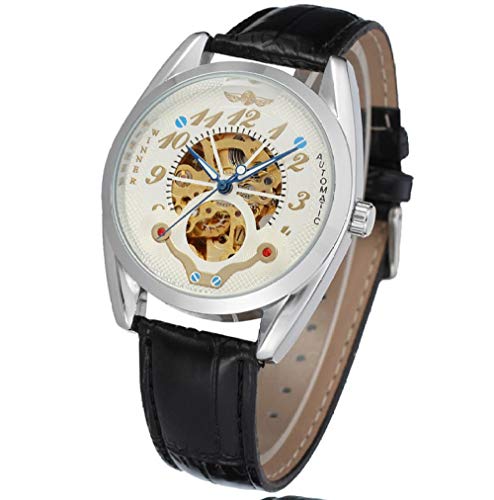 Armbanduhren,Business Mechanical Watch Lederarmband Hollow Automatic Mechanical Watch Silber-Gold-Skala von Haonb